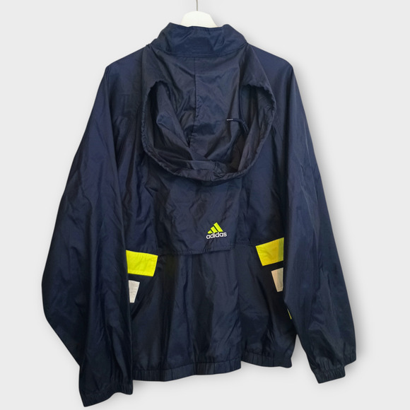 Vintage Adidas Jacket Mens Large Navy Blue Green Vented Hooded Retro Windbreaker - Picture 2 of 12